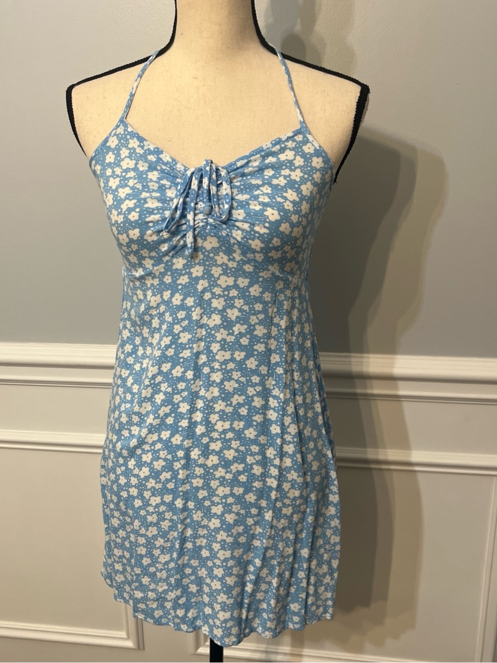 American Eagle Baby Blue Floral Summer Halter Short Dress Size Small - Picture 3 of 10